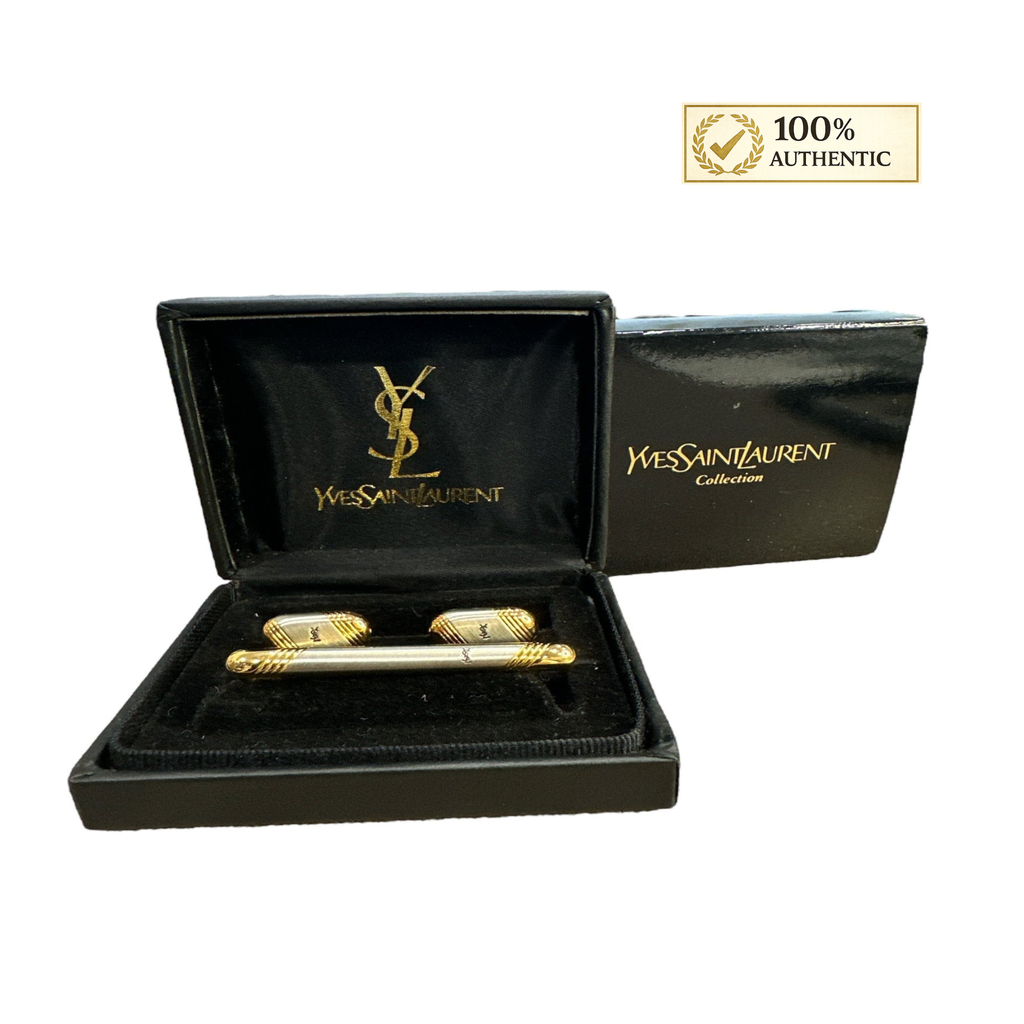 Yves Saint Laurent Vintage Two-Tone Logo Cufflink and Tie Pin Set