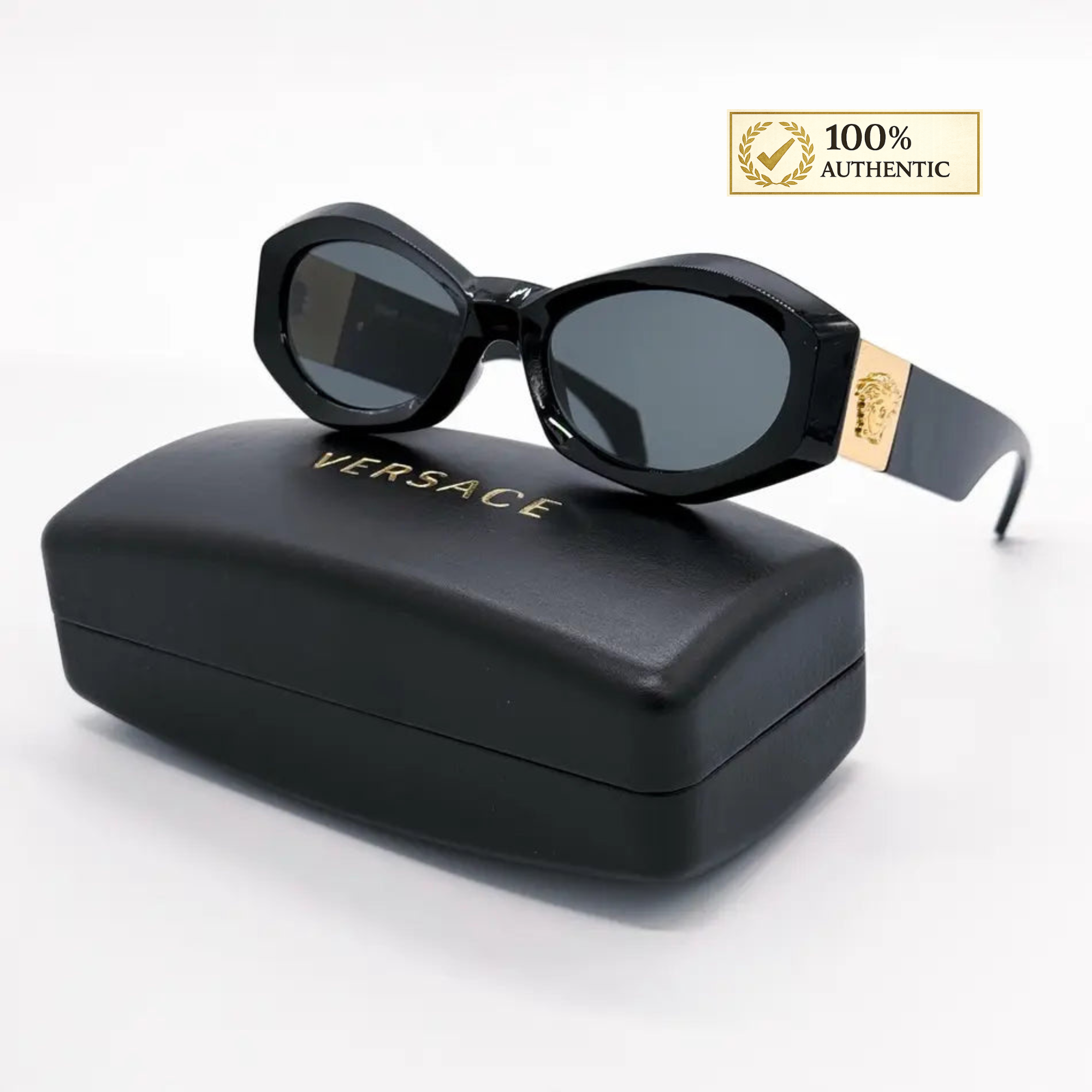 Versace Geometric Sunglasses – Made in Italy | Black with Gold Medusa Temples | 54mm