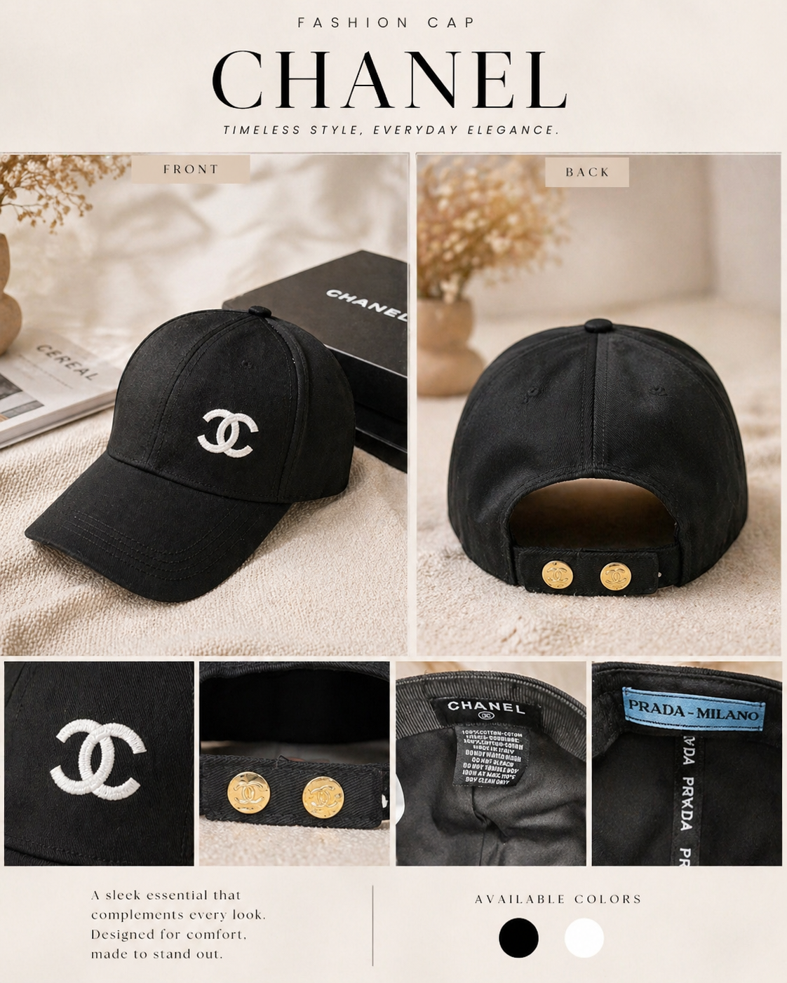 Luxury Inspired Embroidered Fashion Cap – Black or White