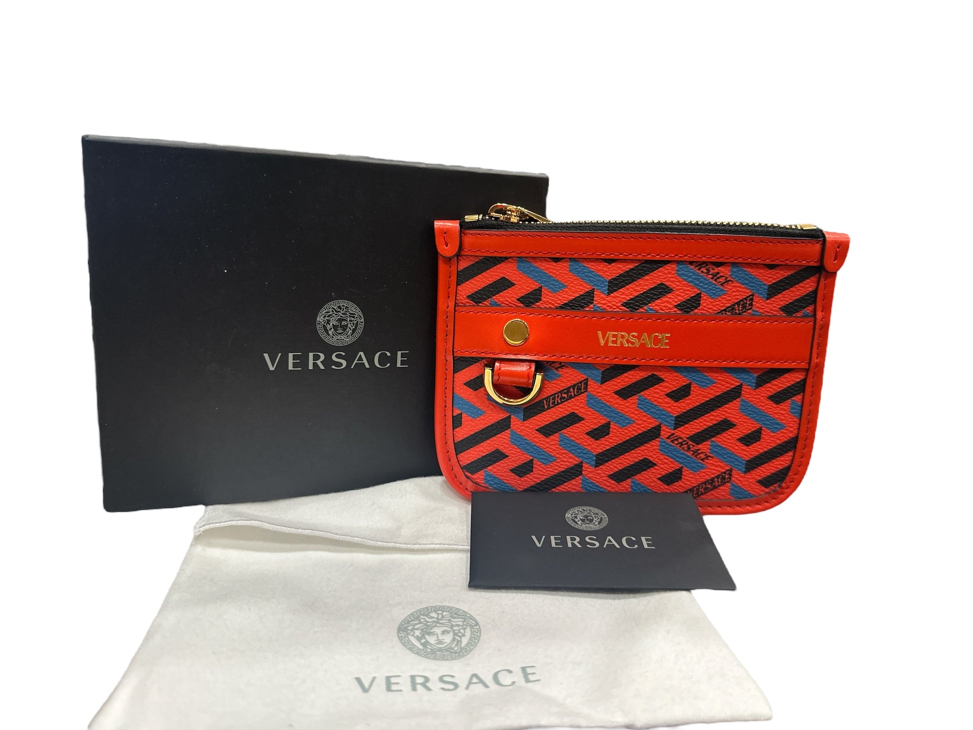 VERSACE 
Coated Canvas Calfskin La Greca Modular Zip Pouch Blue Red - Clairely Amazing