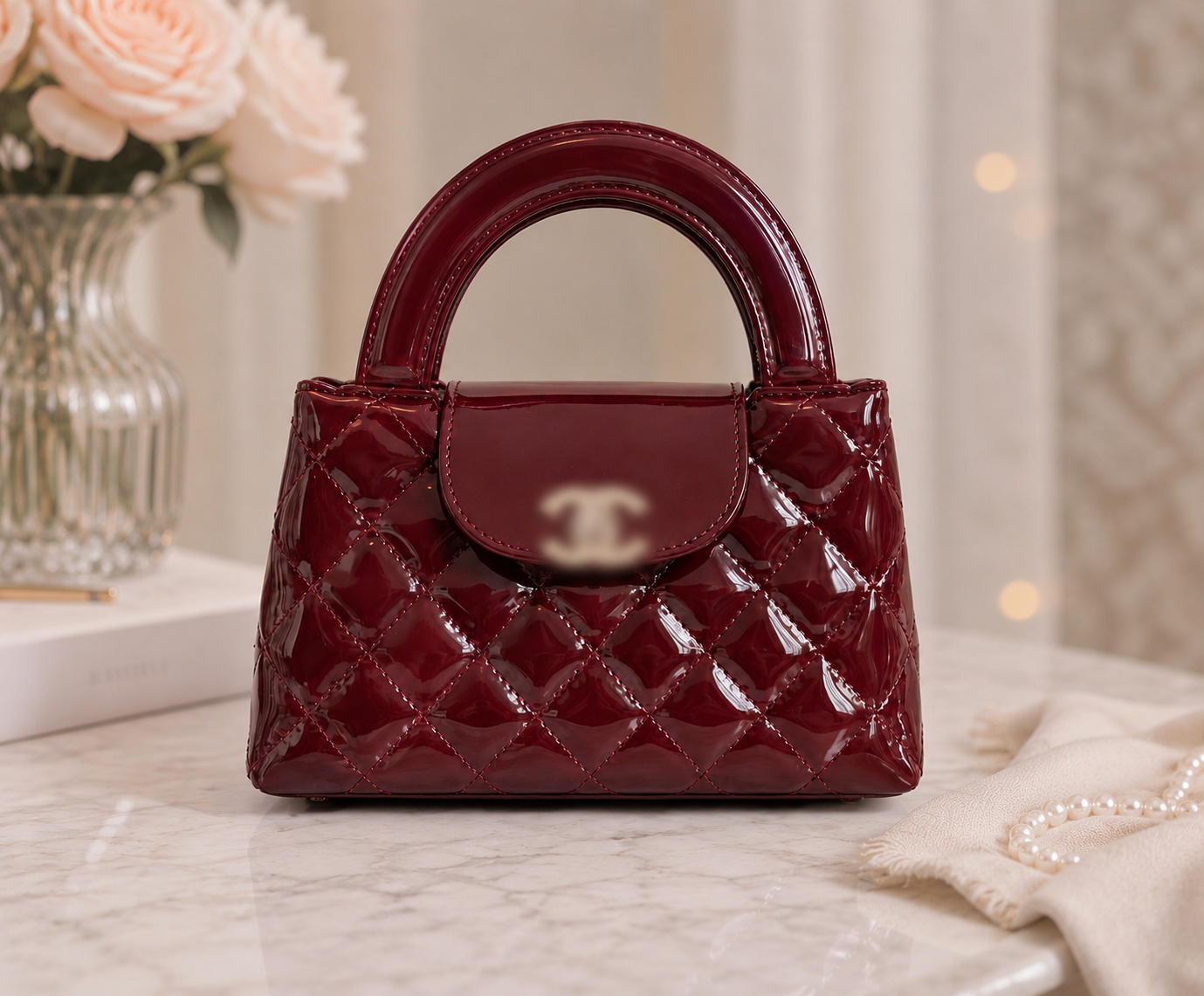 Fashion Quilted Patent Top Handle Bag – Burgundy