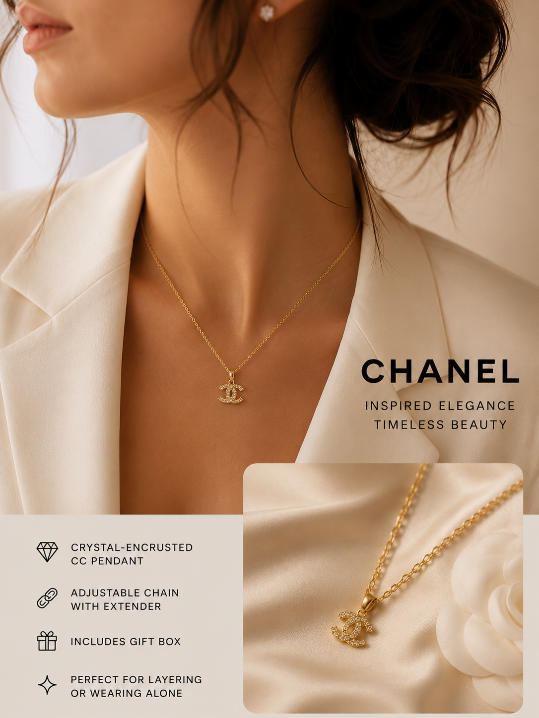 Crystal CC Pendant Necklace with Extender – Gold Tone GWP
