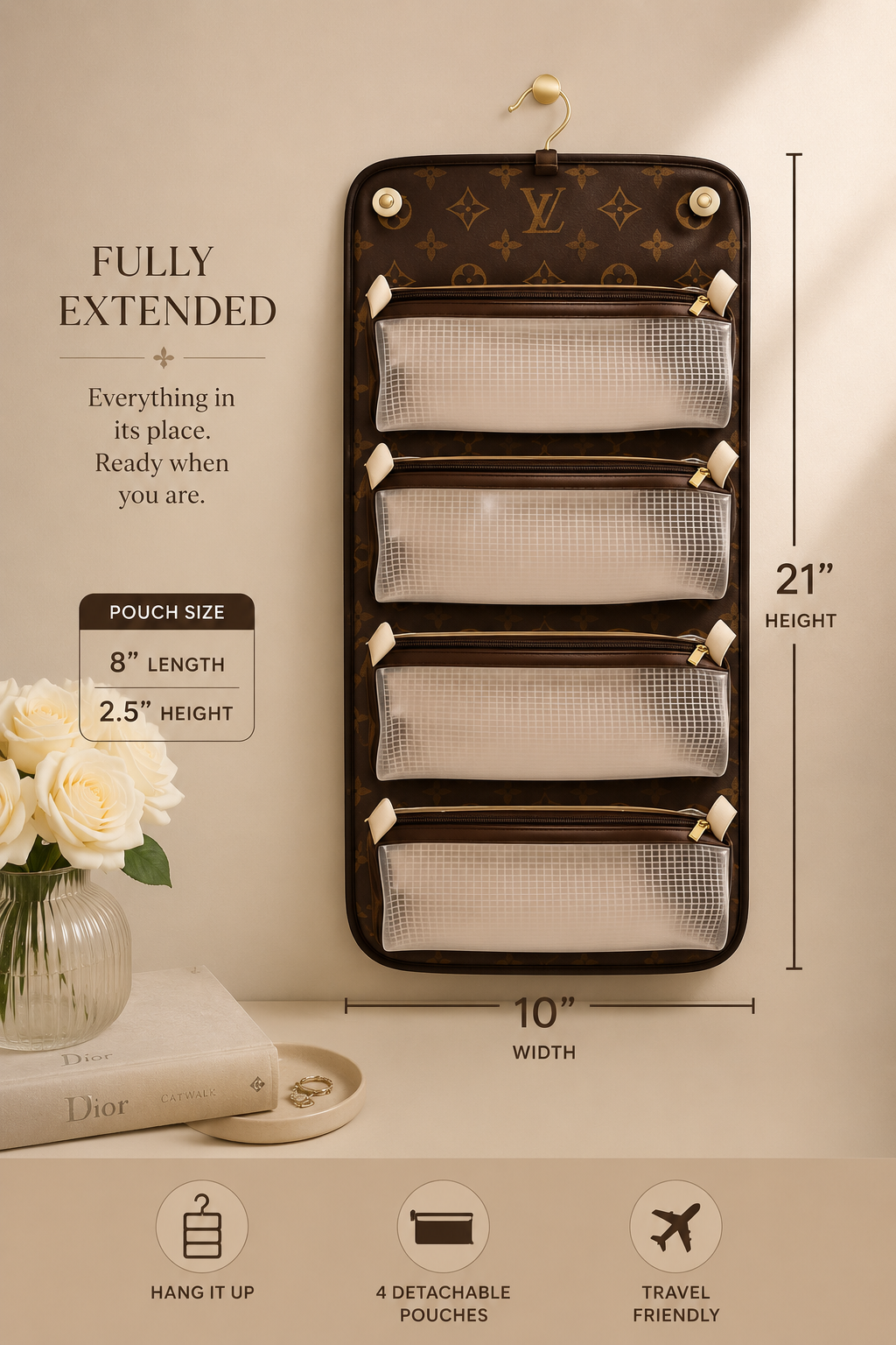 Fashion Monogram Convertible Cosmetic Travel Organizer Case with 4 Detachable Pouches