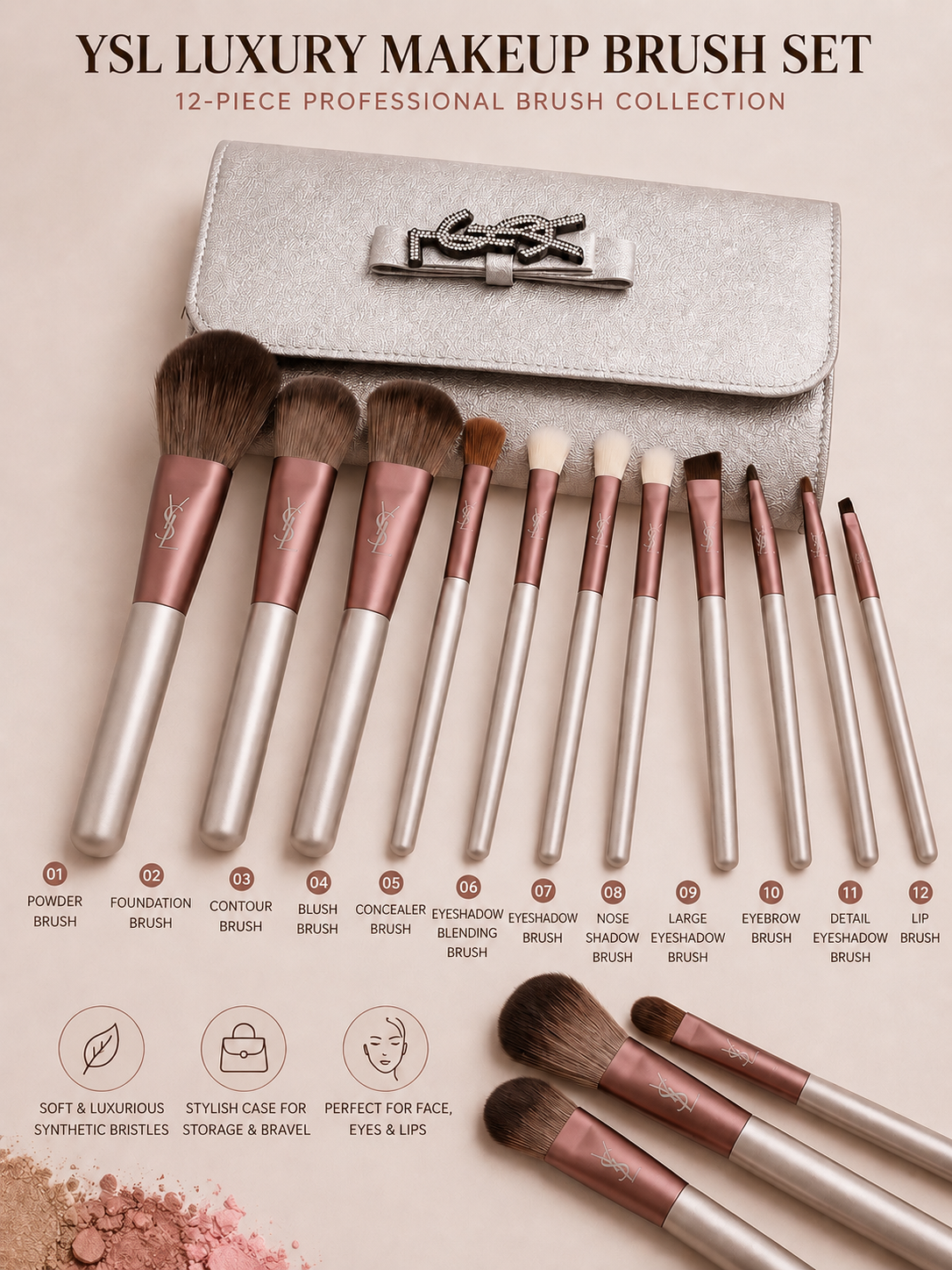 YSL GWP 12-Piece Makeup Brush Set with Metallic Silver Carrying Case