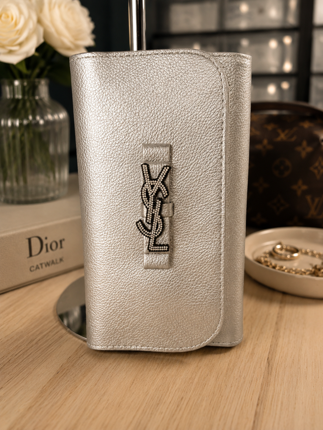 YSL GWP 12-Piece Makeup Brush Set with Metallic Silver Carrying Case