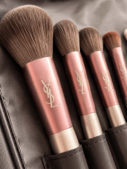 YSL GWP 12-Piece Makeup Brush Set with Metallic Silver Carrying Case