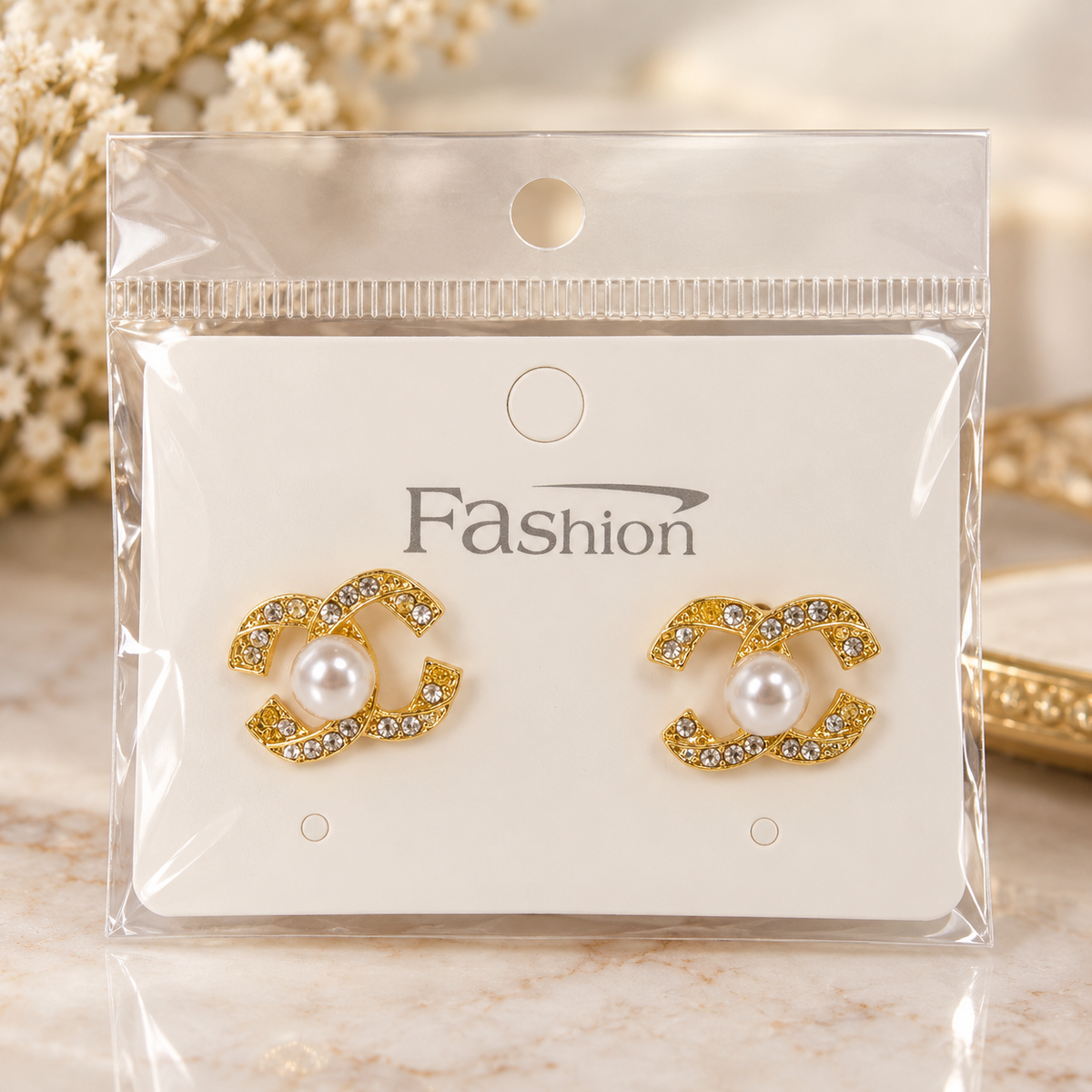 Double C Style Pearl Stud Earrings – Rhinestone Fashion Jewelry