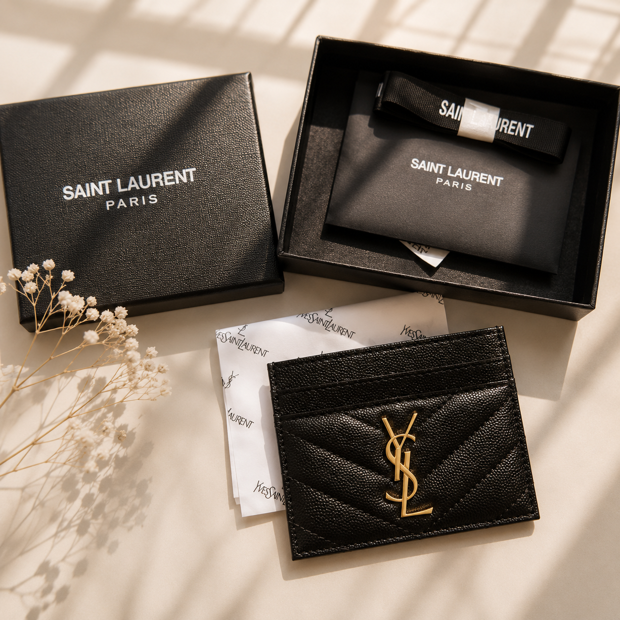 YSL Beauty GWP Quilted Leather Card Holder | Black | Gold Hardware | GWP