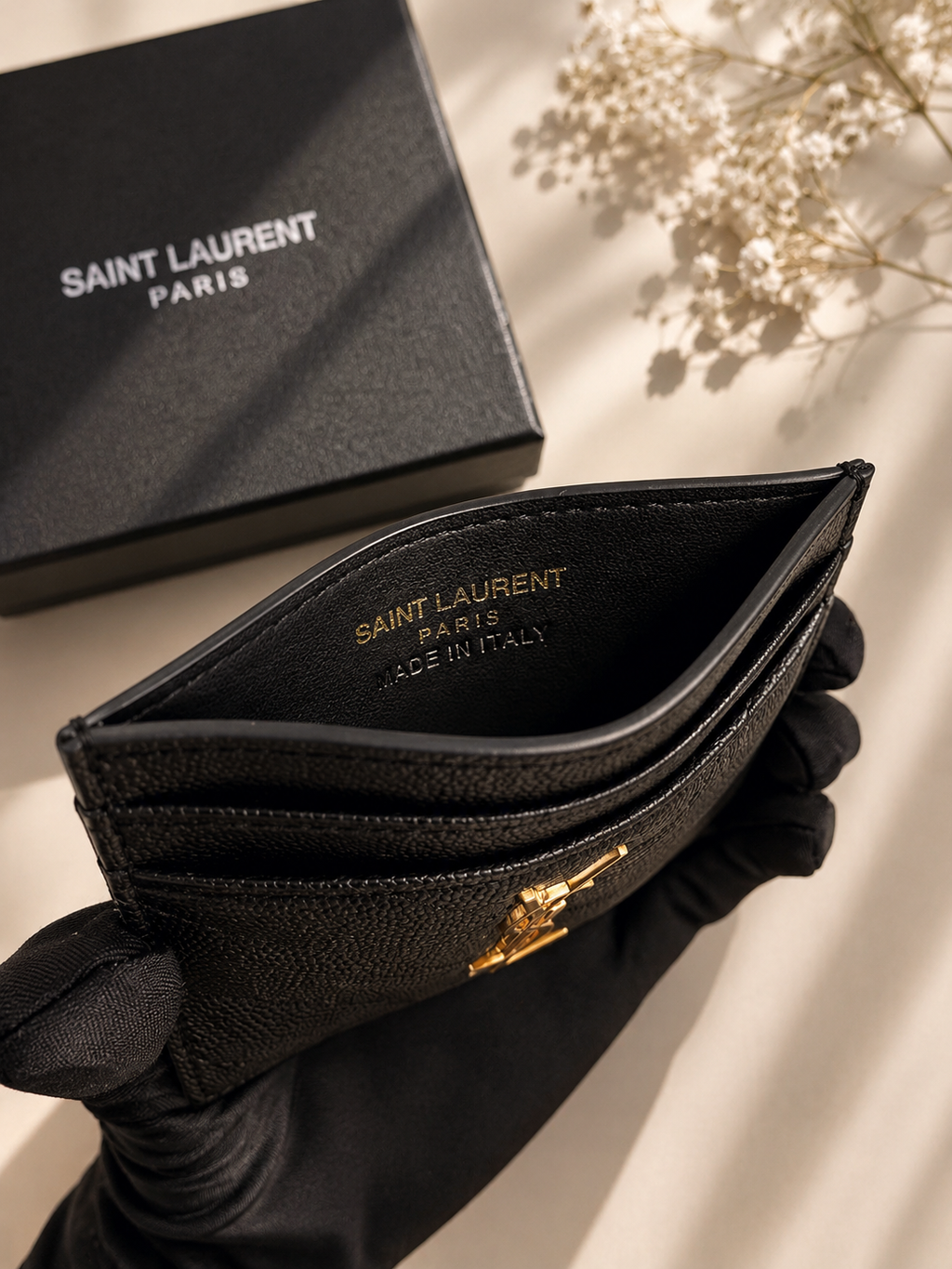 YSL Beauty GWP Quilted Leather Card Holder | Black | Gold Hardware | GWP