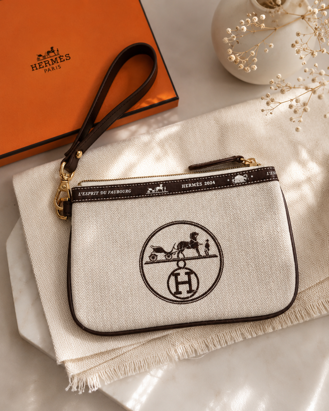 Hermès Upcycled Canvas Wristlet Pouch with Detachable Strap