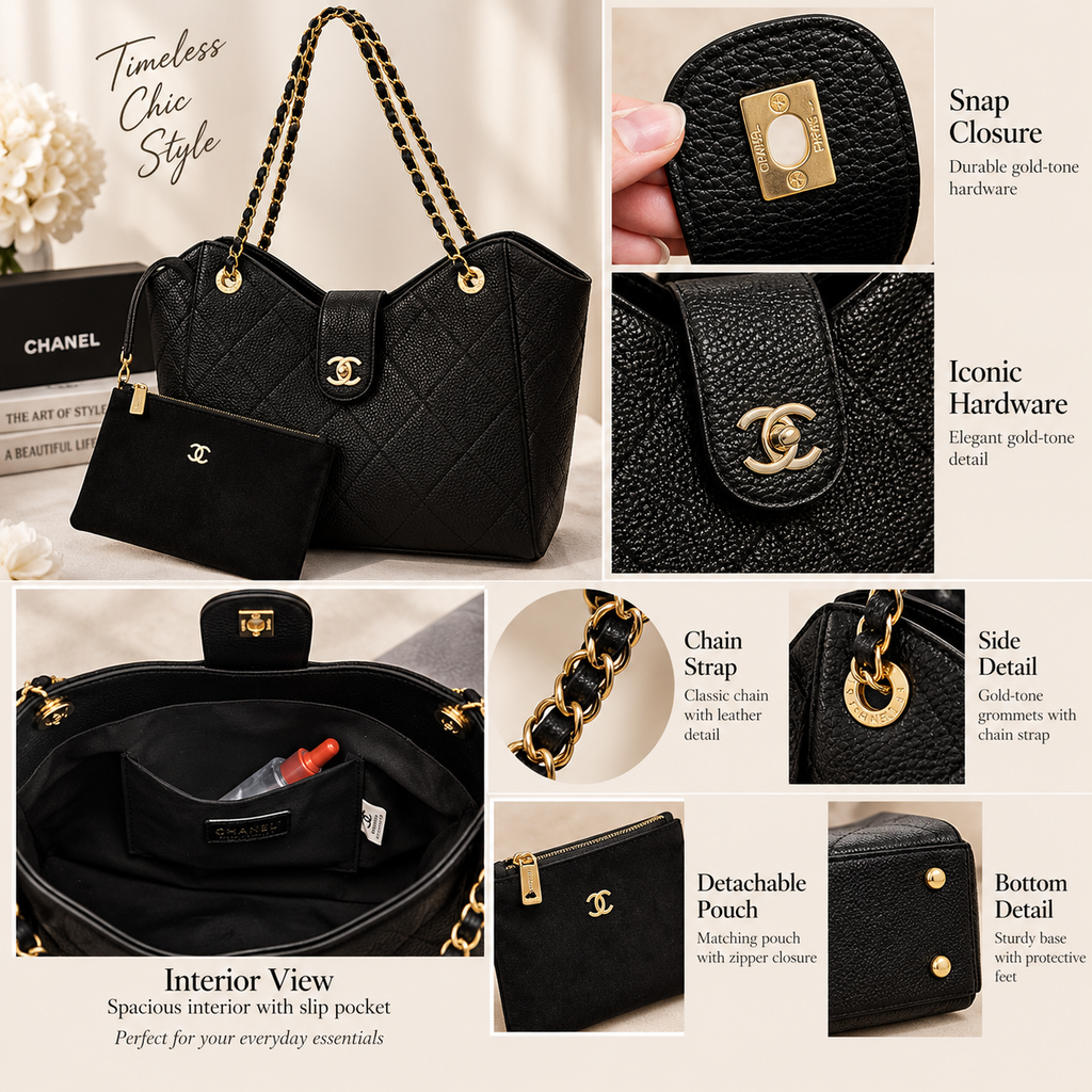 👑Black Quilted Chain Tote with Removable Pouch