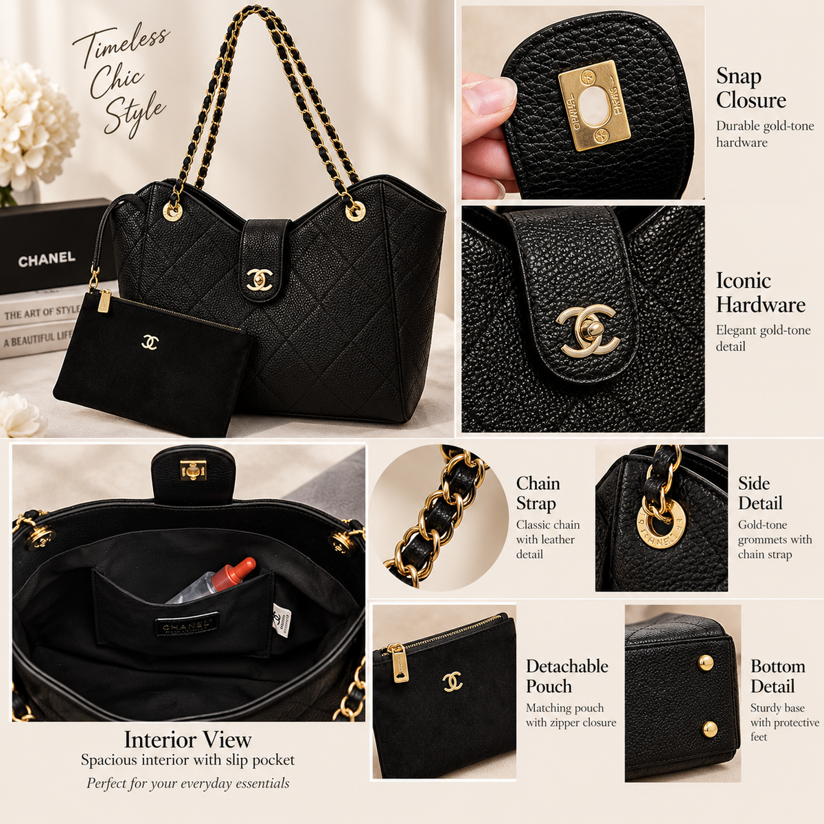 👑Black Quilted Chain Tote with Removable Pouch