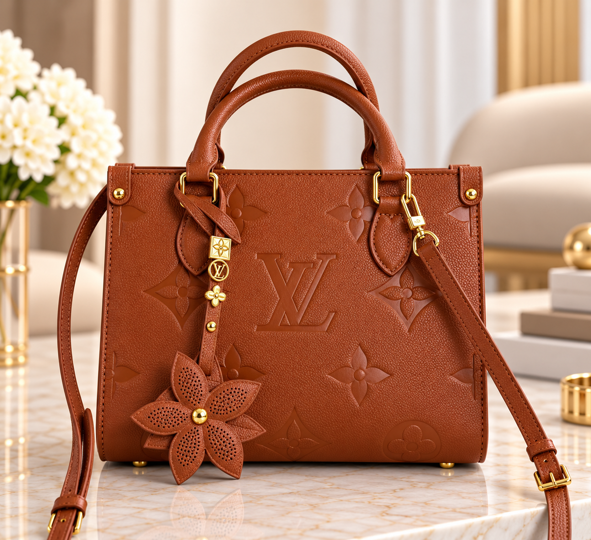Embossed Floral Fashion Tote with Charm & Shoulder Strap