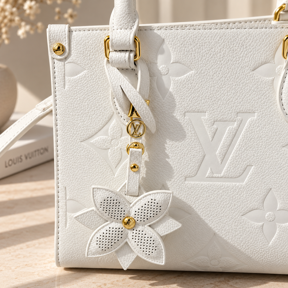 Embossed Floral Fashion Tote with Charm & Shoulder Strap