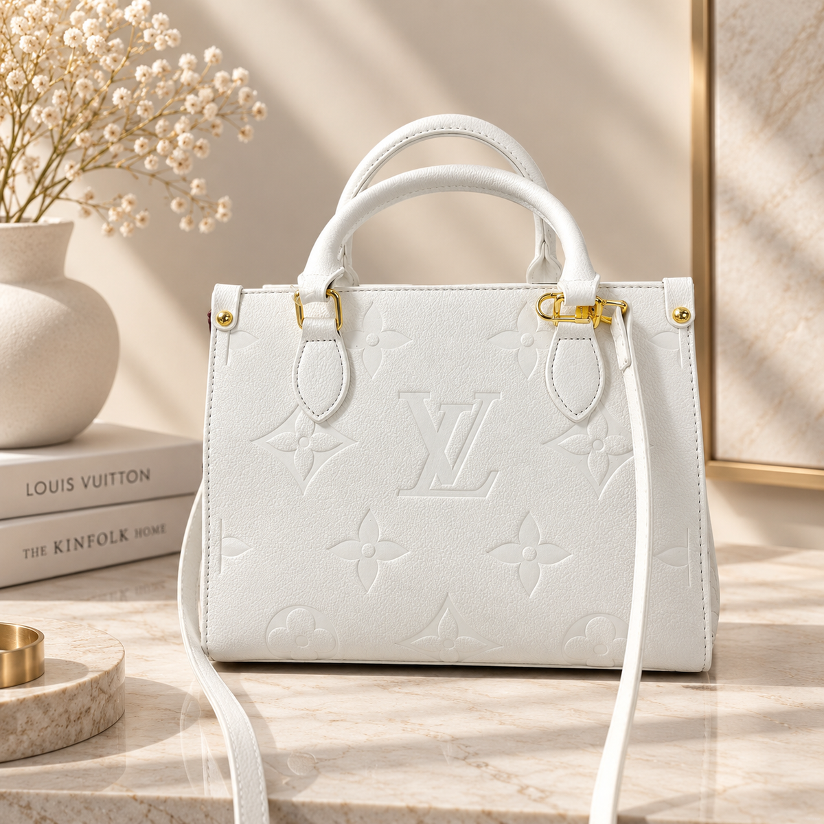 Embossed Floral Fashion Tote with Charm & Shoulder Strap