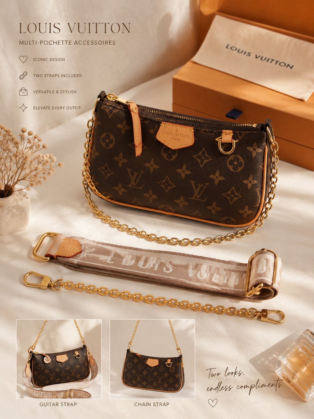 Luxury-Inspired Multi Strap Shoulder Bag | Includes Gift Box Set