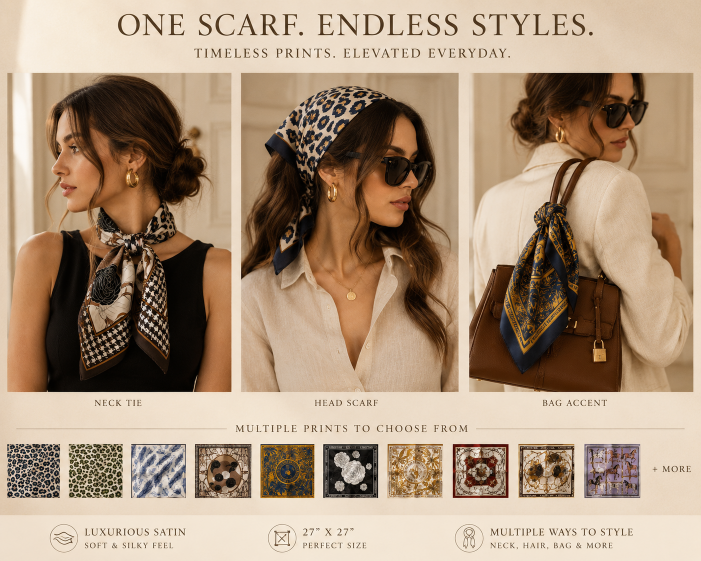 Luxury-Inspired Satin Fashion Scarf | Multiple Designer-Inspired Styles