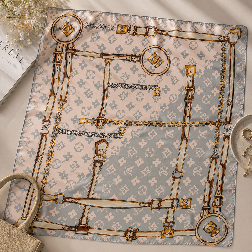 Silk Blend Square Scarf – Blue Monogram & Chain Print