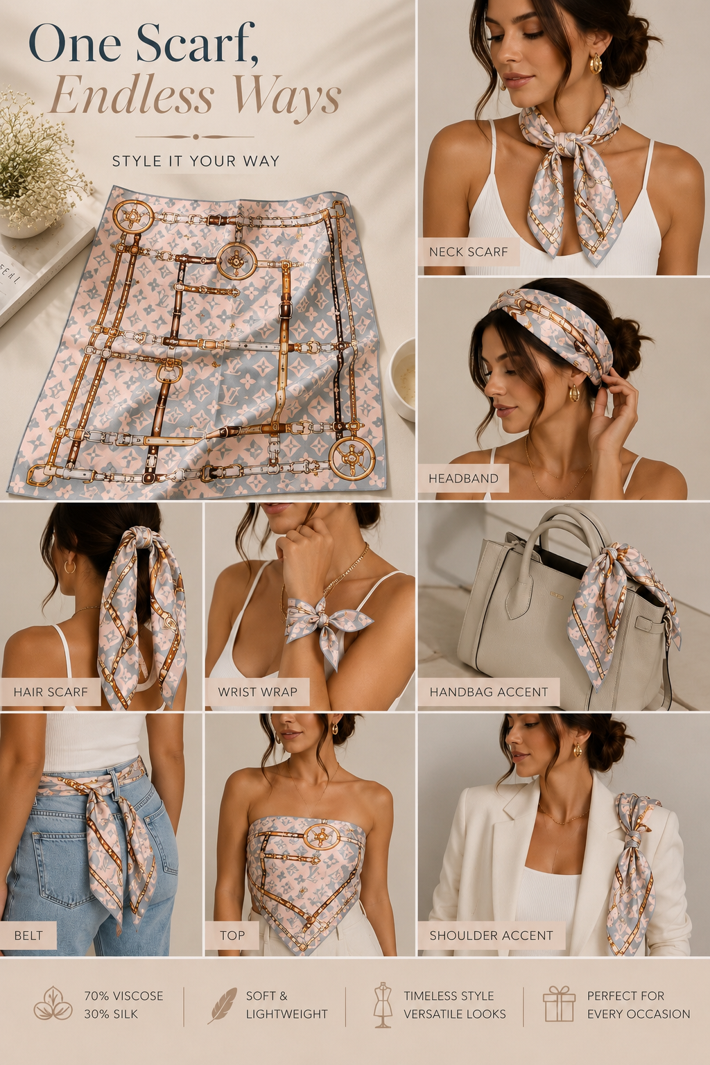 Silk Blend Square Scarf – Blue Monogram & Chain Print