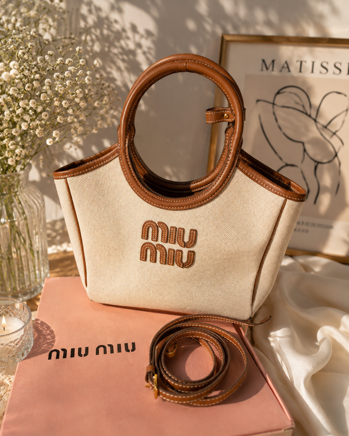 Luxury Canvas Circle Handle Tote Bag with Adjustable Strap & Gift Box