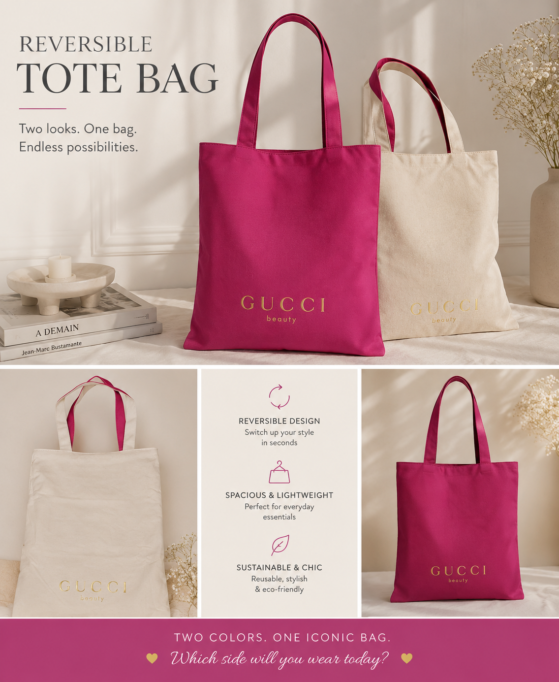 Reversible Canvas Tote Bag – Pink & Cream