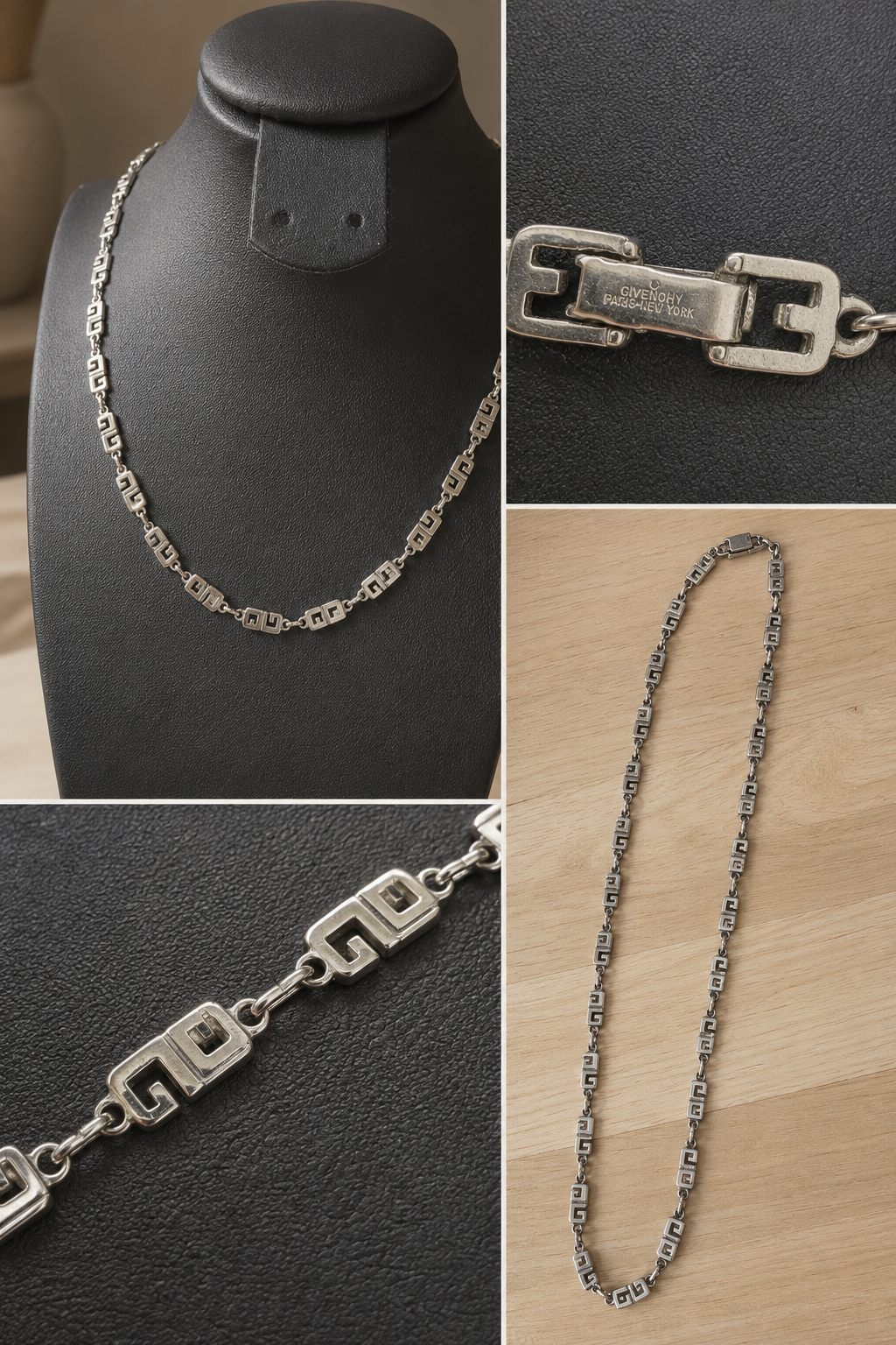 Authentic Givenchy Greek Key Chain Necklace – Silver Tone Vintage Designer Necklace