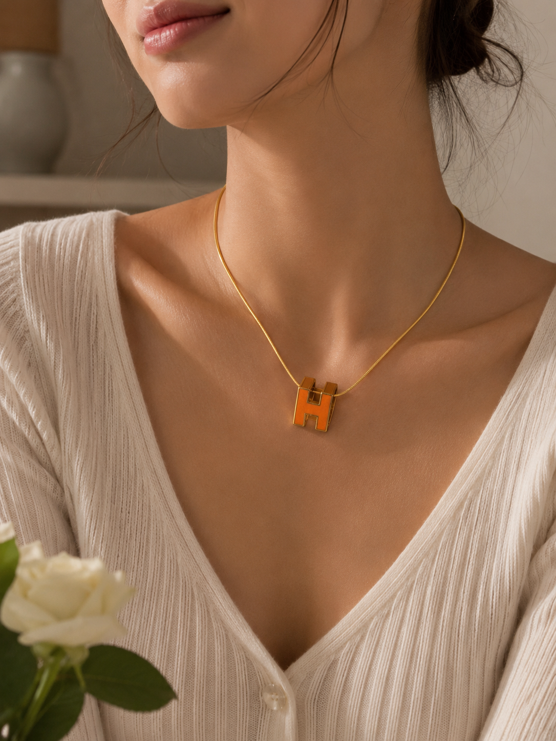 Authentic Hermès Orange & Gold Pop H Snake Chain Necklac
