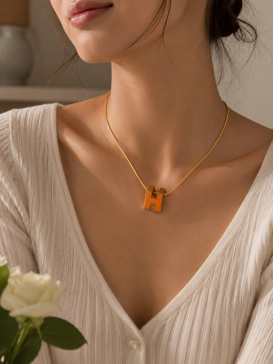 Authentic Hermès Orange & Gold Pop H Snake Chain Necklac