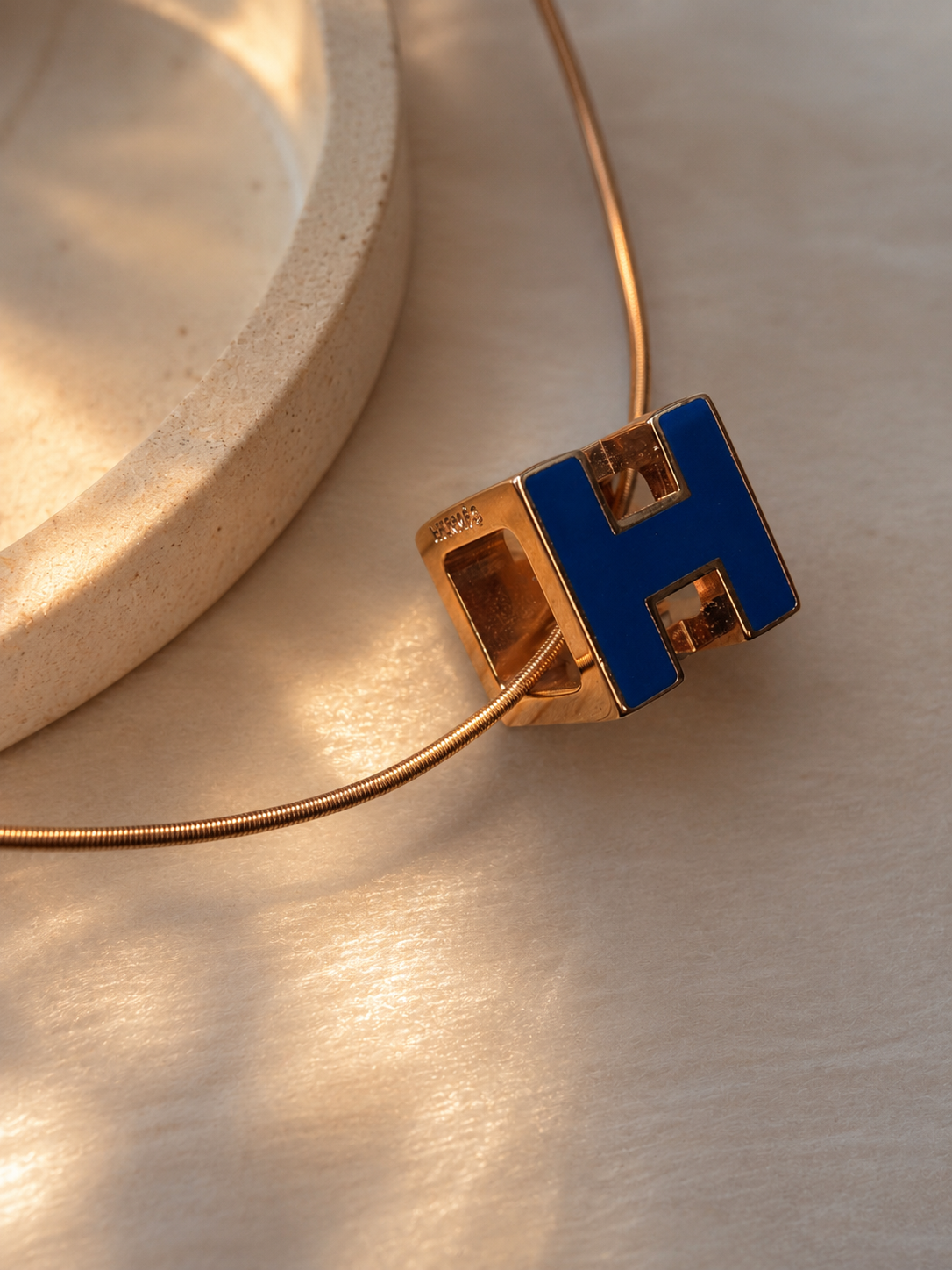Authentic Hermès Pop H Pendant Necklace – Rose Gold & Blue Lacquer