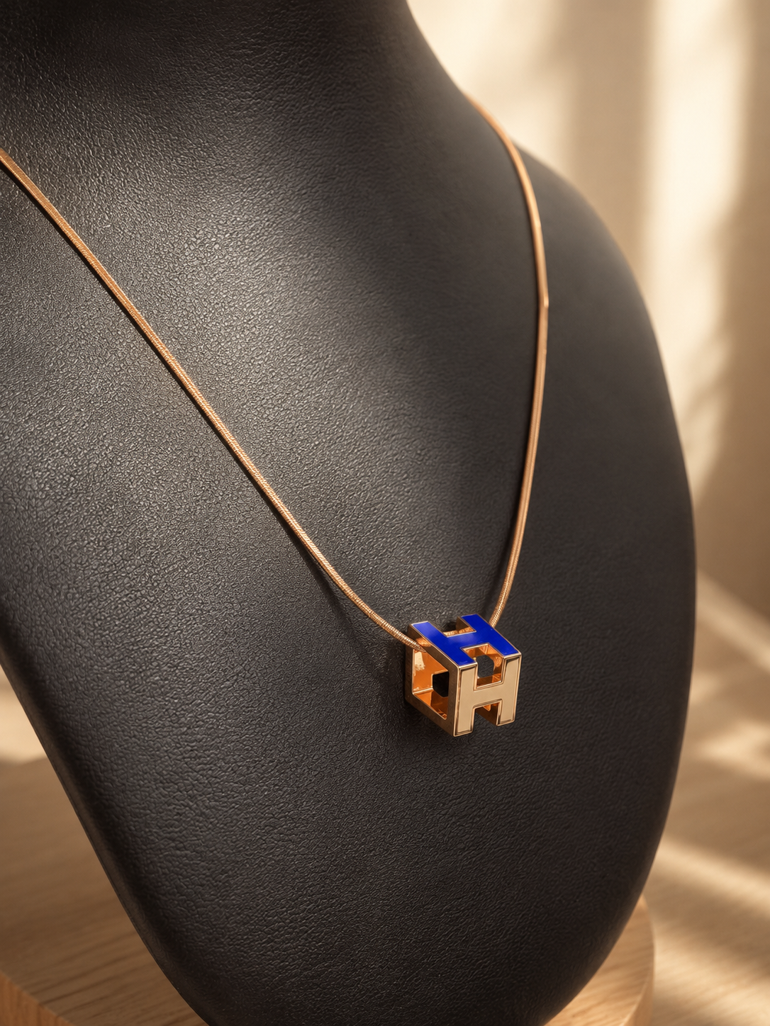 Authentic Hermès Pop H Pendant Necklace – Rose Gold & Blue Lacquer