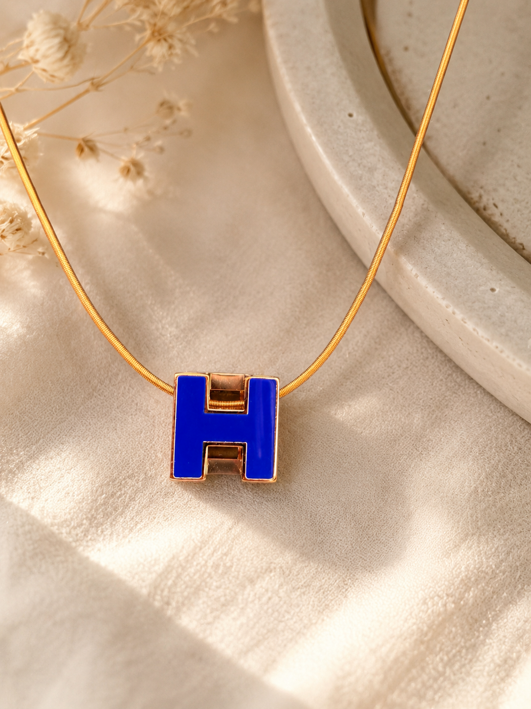 Authentic Hermès Pop H Pendant Necklace – Rose Gold & Blue Lacquer