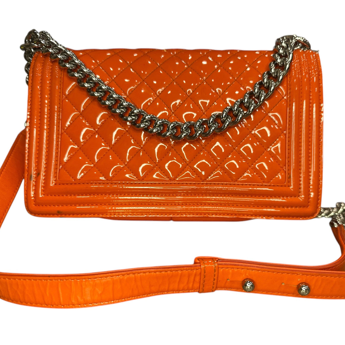 Chanel Patent Calfskin Quilted Medium Plexiglass Boy Flap Orange - Clairely Amazing