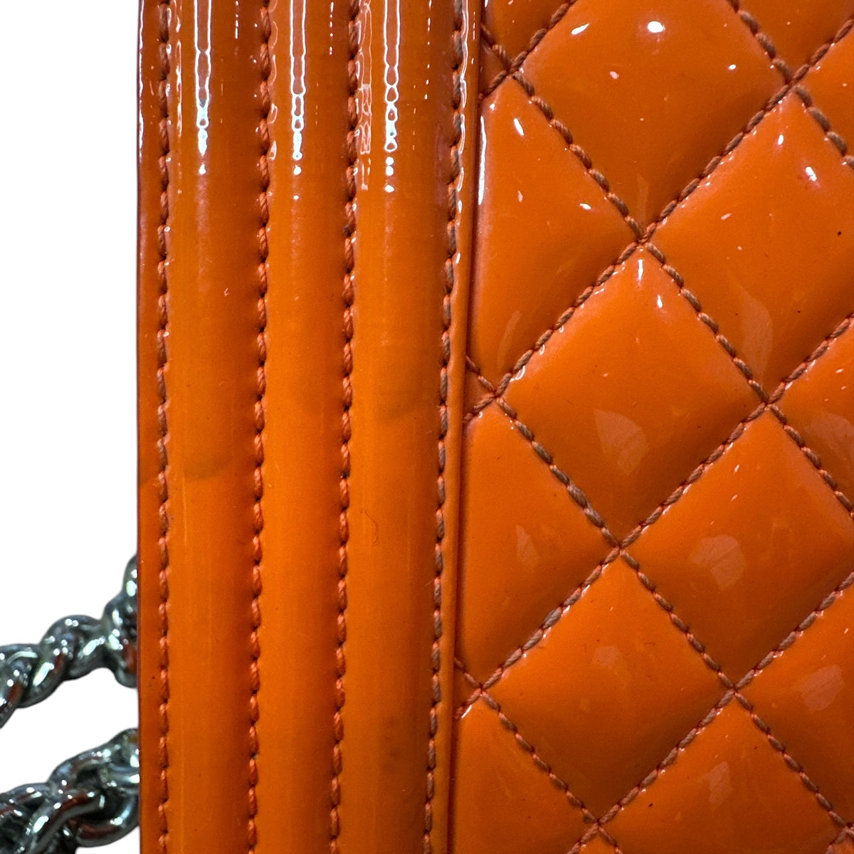 Chanel Patent Calfskin Quilted Medium Plexiglass Boy Flap Orange - Clairely Amazing