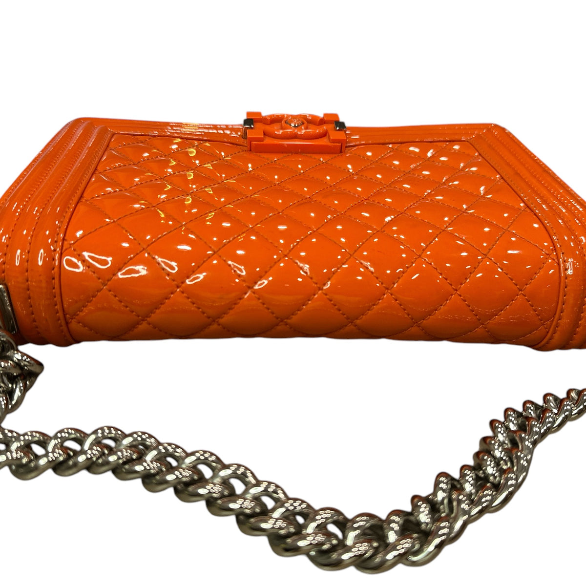 Chanel Patent Calfskin Quilted Medium Plexiglass Boy Flap Orange - Clairely Amazing