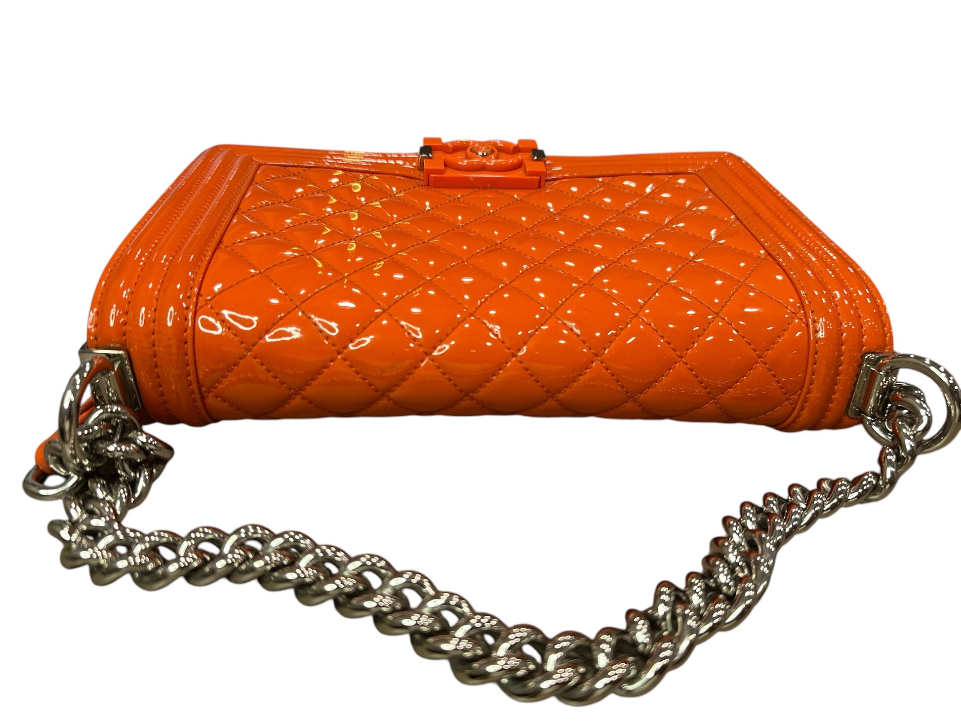 Chanel Patent Calfskin Quilted Medium Plexiglass Boy Flap Orange - Clairely Amazing