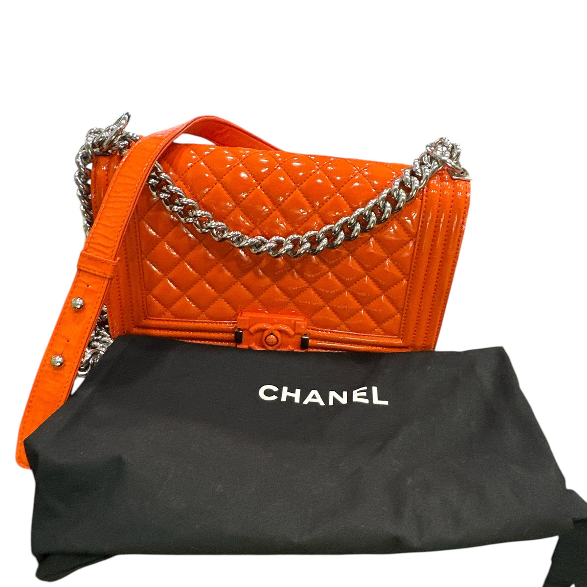 Chanel Patent Calfskin Quilted Medium Plexiglass Boy Flap Orange - Clairely Amazing