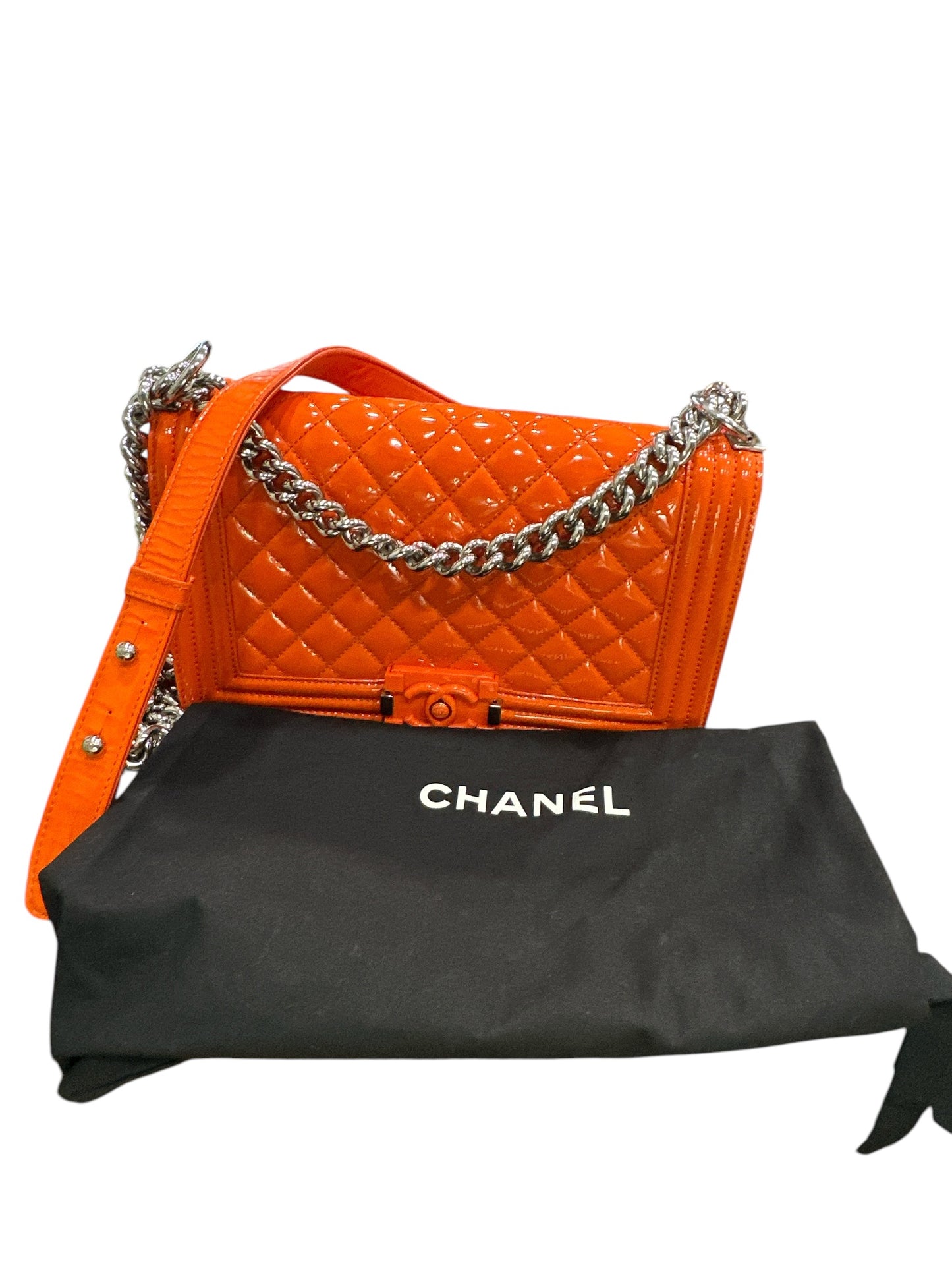 Chanel Patent Calfskin Quilted Medium Plexiglass Boy Flap Orange - Clairely Amazing