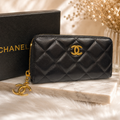 Fashion Quilted Zip Around Wallet with Charm – Black
