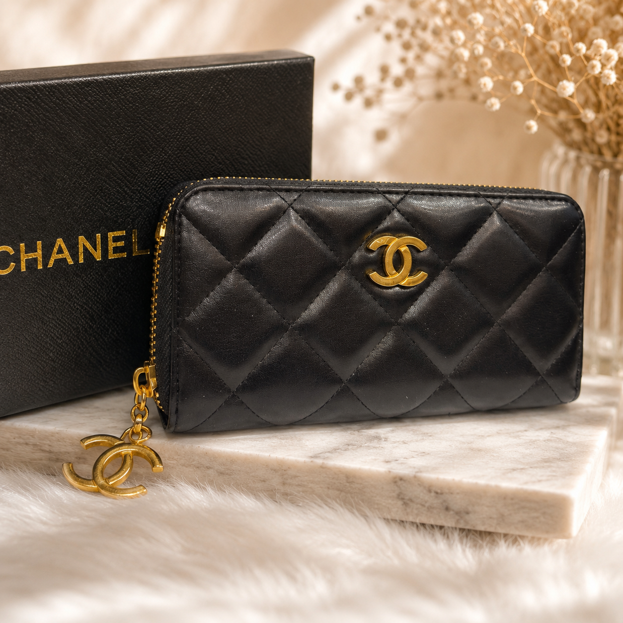 Fashion Quilted Zip Around Wallet with Charm – Black