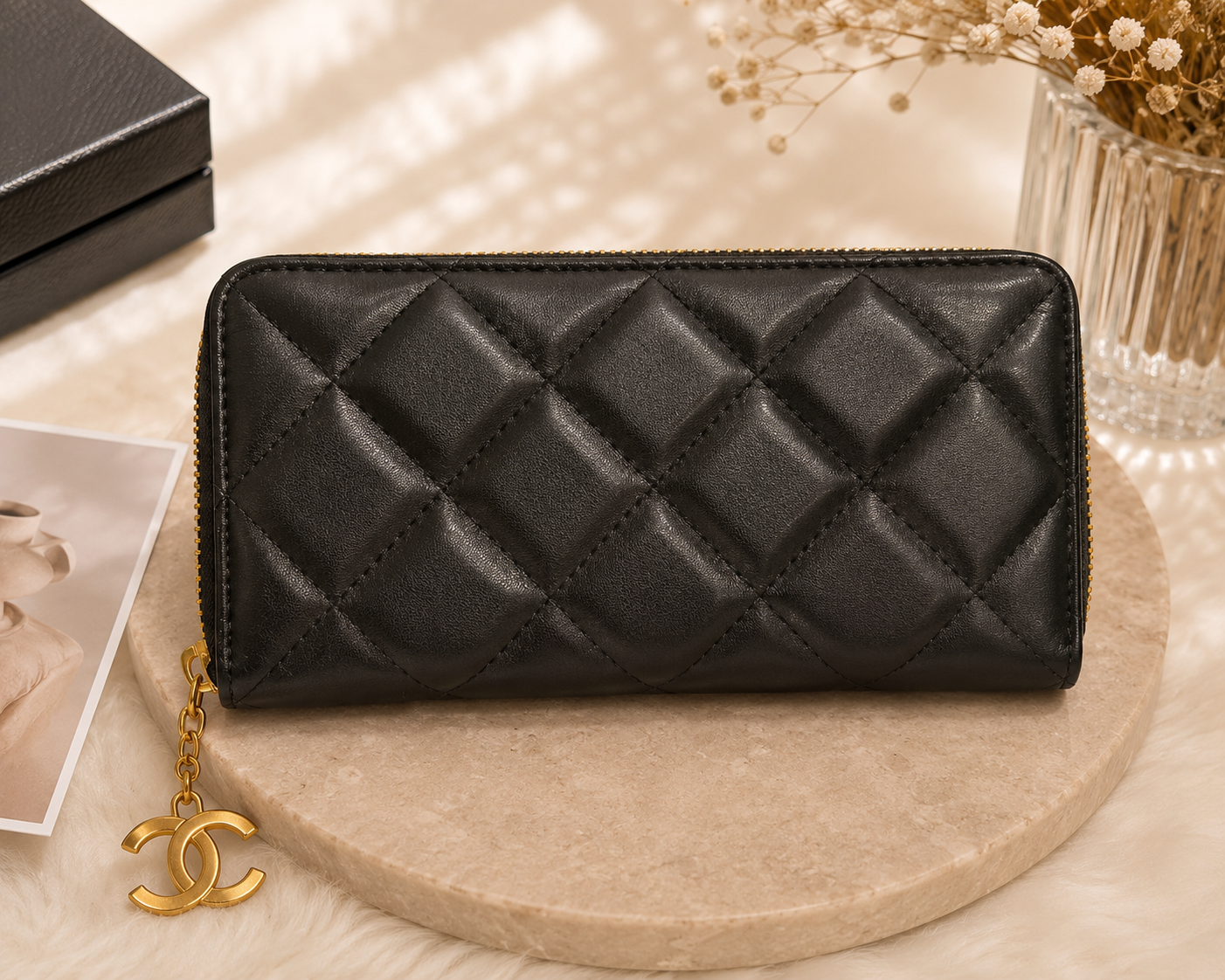 Fashion Quilted Zip Around Wallet with Charm – Black