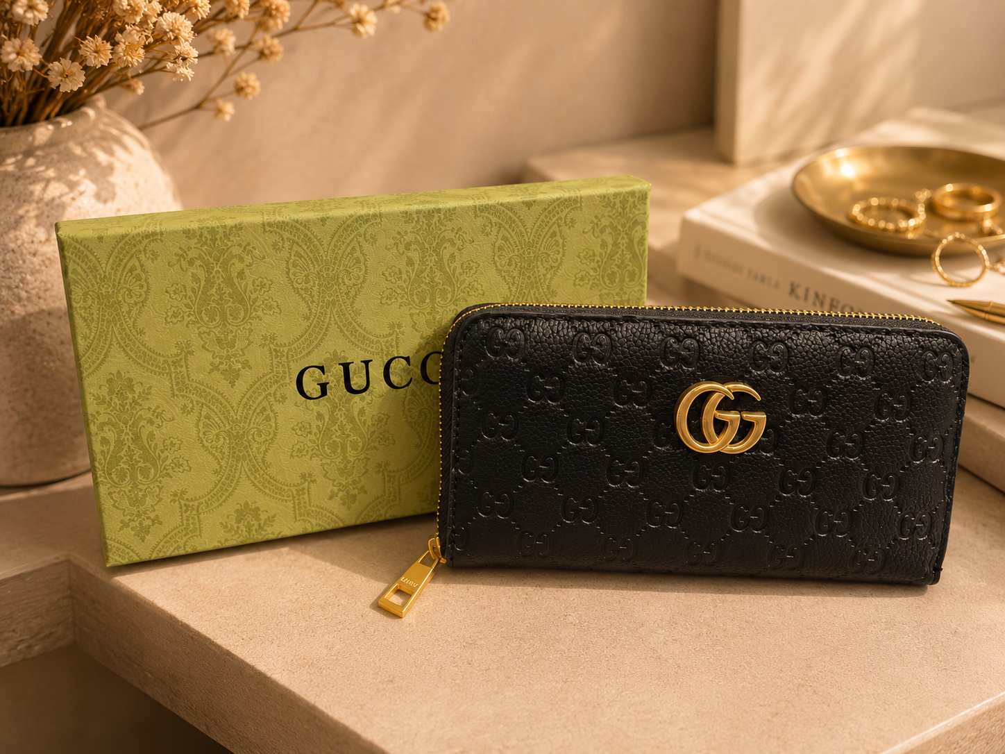 Fashion GG-Inspired Zip Around Wallet with Gift Box – Black