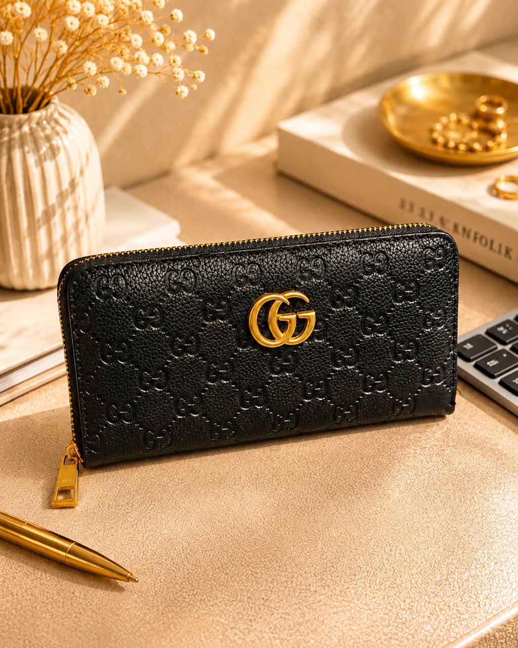 Fashion GG-Inspired Zip Around Wallet with Gift Box – Black