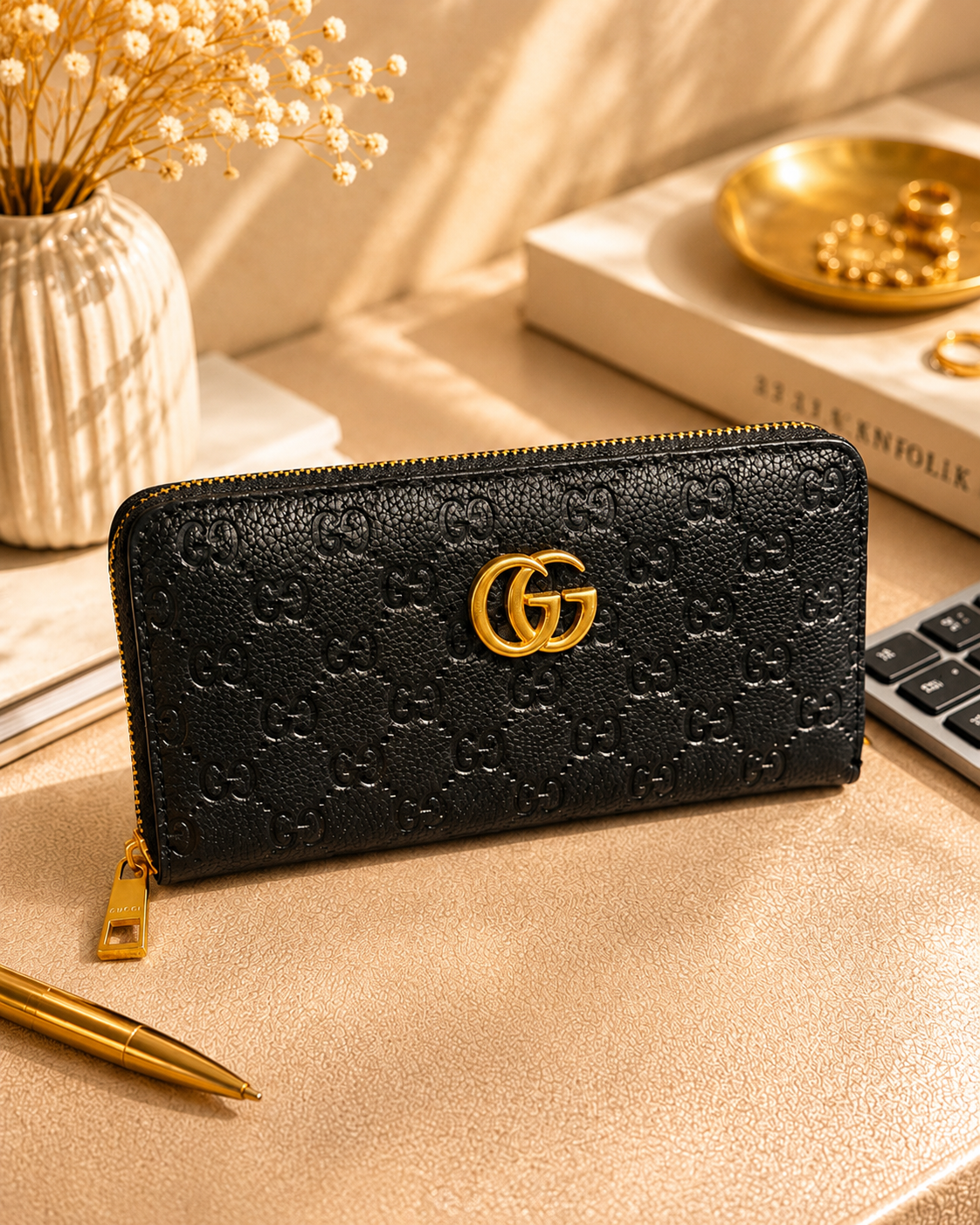 Fashion GG-Inspired Zip Around Wallet with Gift Box – Black
