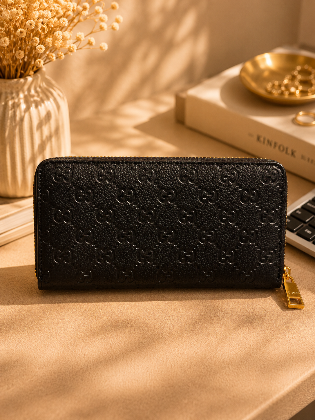 Fashion GG-Inspired Zip Around Wallet with Gift Box – Black
