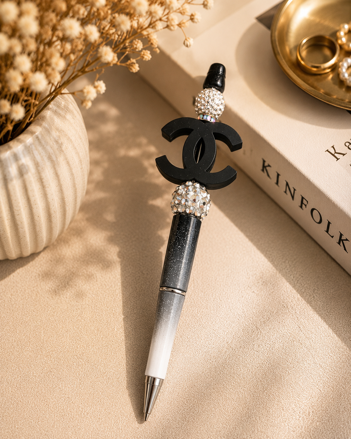 Fashion Beaded Designer-Inspired Crystal Pen – Black & Silver Rhinestone Ballpoint Pen