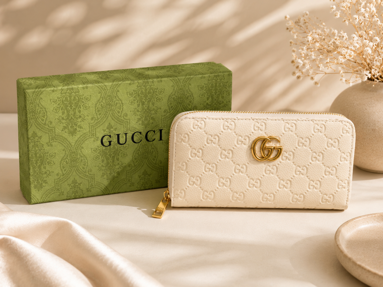 Fashion Embossed Zip Around Wallet – Ivory (Includes Gift Box)