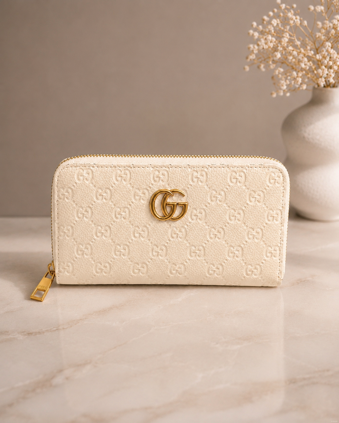 Fashion Embossed Zip Around Wallet – Ivory (Includes Gift Box)