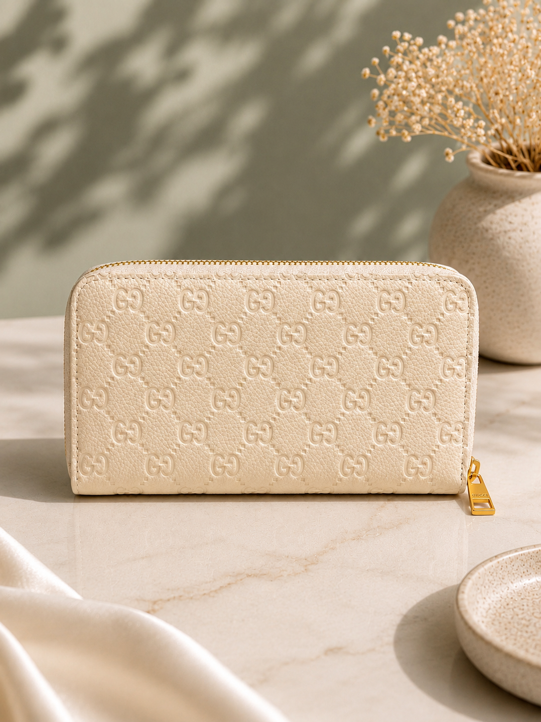 Fashion Embossed Zip Around Wallet – Ivory (Includes Gift Box)