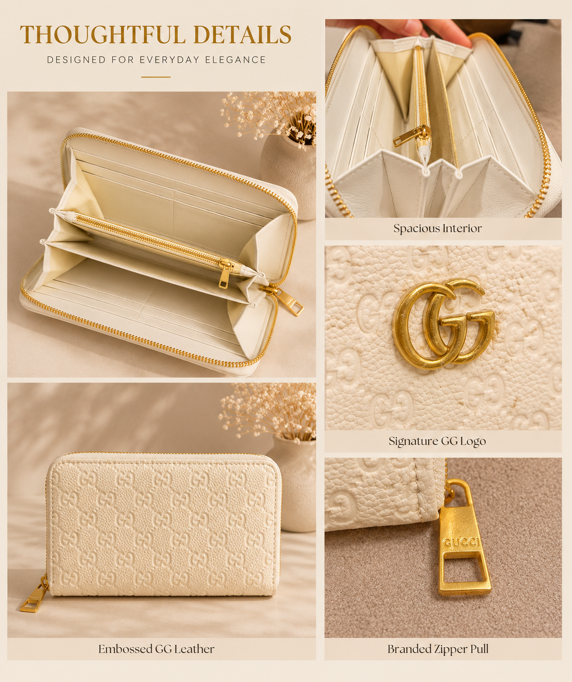 Fashion Embossed Zip Around Wallet – Ivory (Includes Gift Box)