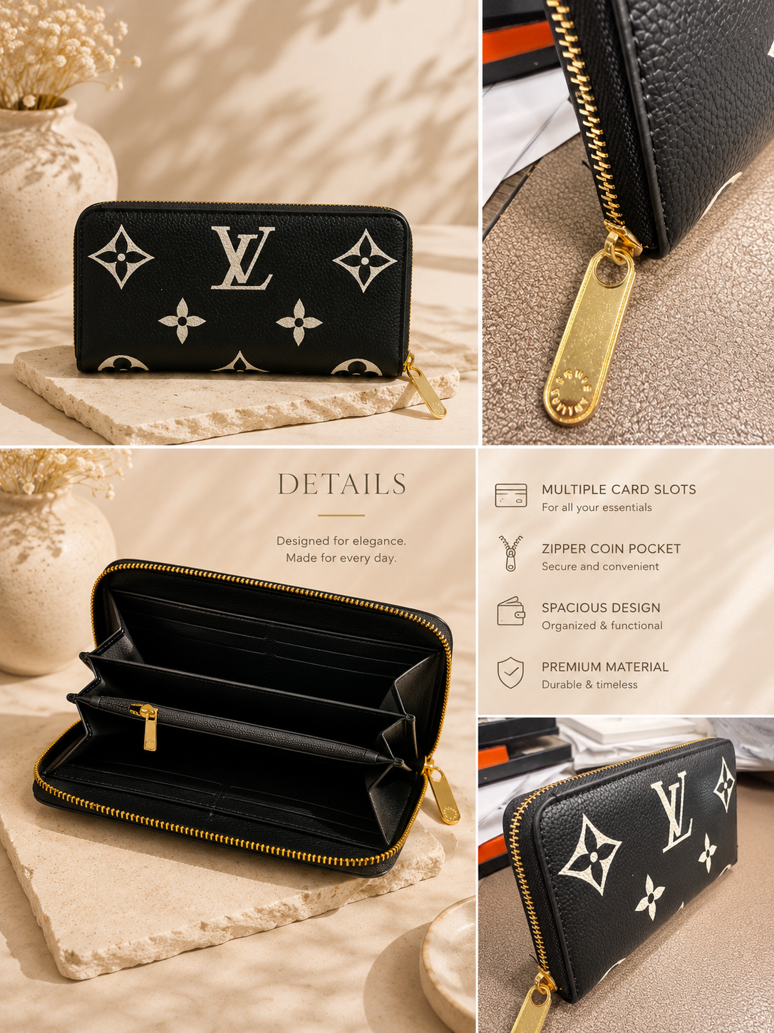 Fashion Monogram Zip Around Wallet – Black